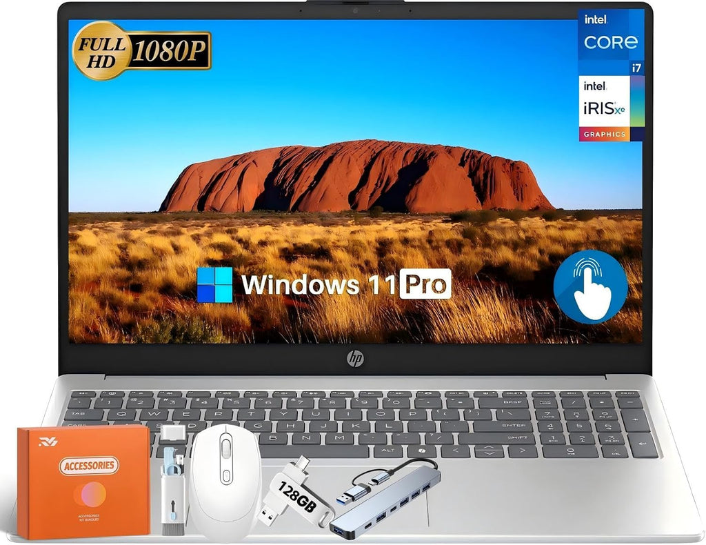 HP 15.6' FHD Touchscreen Business Laptop, 13th Gen Intel 10-Core i7-1355U, 16 GB RAM, 1 TB SSD, Intel Iris Xe Graphics, Wi-Fi 6, Long Battery Life, Copilot AI, HD Camera, Windows 11 Pro, Accessories
