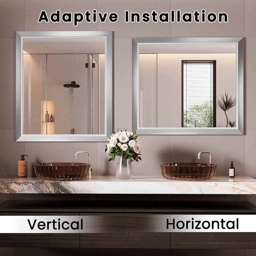 Amorho Bathroom Mirror, 28x32 Inch Silver Thick Metal Framed Wall Mirrors for Over Sink, Brushed Nickel Mirror Perfect for Bedroom, Living Room, Entryway, Rectangle (Horizontal/Vertical).