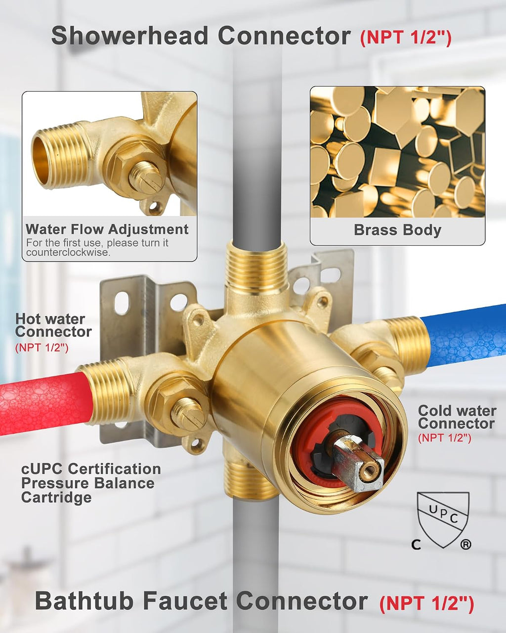 Shower Faucet Set Brushed Gold: Single Handle Bathtub Trim Kit with 6 Inch Rain Shower Head and Tub Spout, High Pressure Faucet Set for Bathtub (Brass Valve Included)