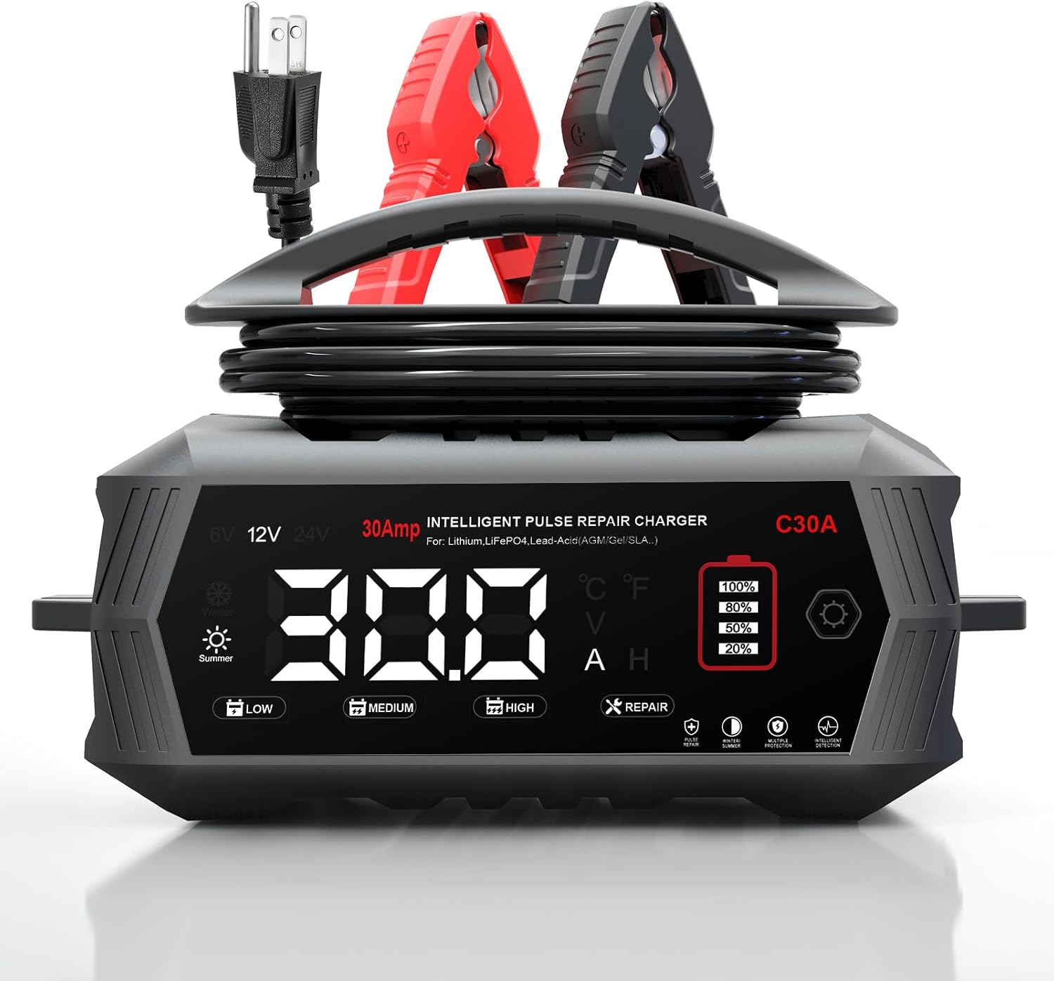 Haisito 30 Amp Car Battery Charger, 12V/24V Lithium LiFePO4 Battery Charger Automatic Battery Maintainer, Portable Smart Trickle Charger for Automotive Car Truck Motorcycle Lawn Mower Boat AGM Gel