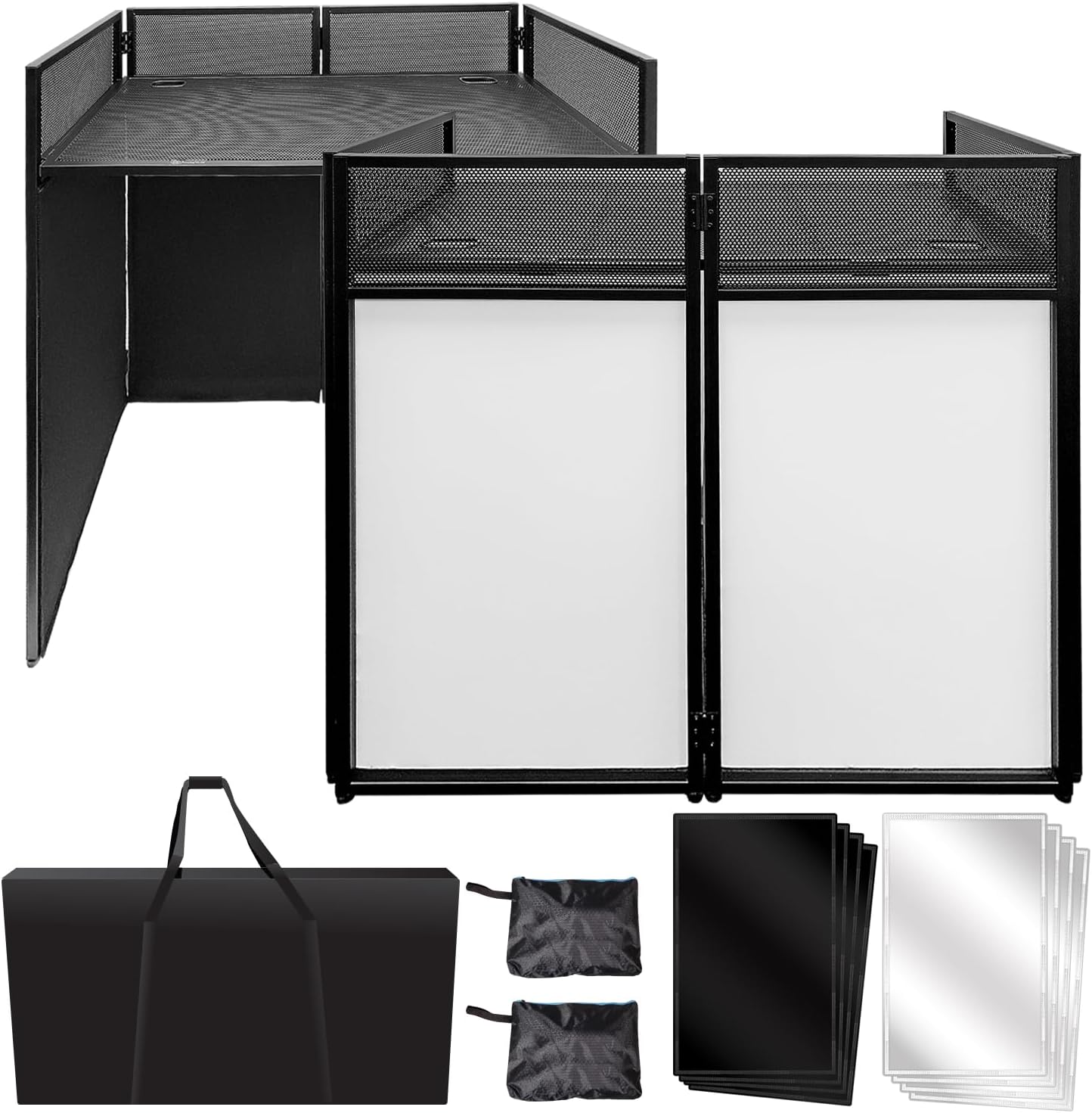 AxcessAbles Portable DJ Facade Booth with Black and White Lighting Scrims, Carry Cases | Standing DJ Table - 40' x 20' | DJ Controller Stand | Recording Mixer Stand | DJ Booth (ES-01)