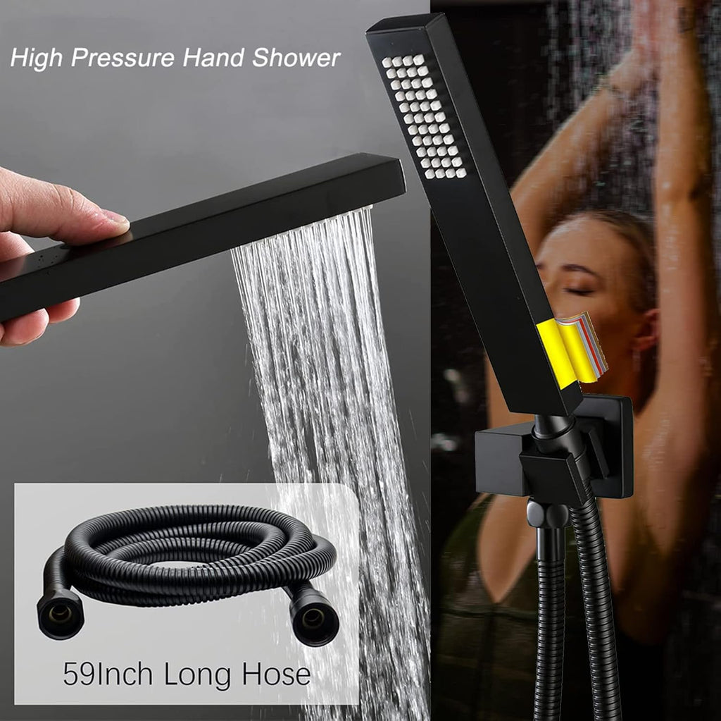 Black Thermostatic Shower System 4 Function Tub Spout Shower Faucet set with 12 inch Wall Mount Shower Head, 6 Body Jet, Handheld Spray