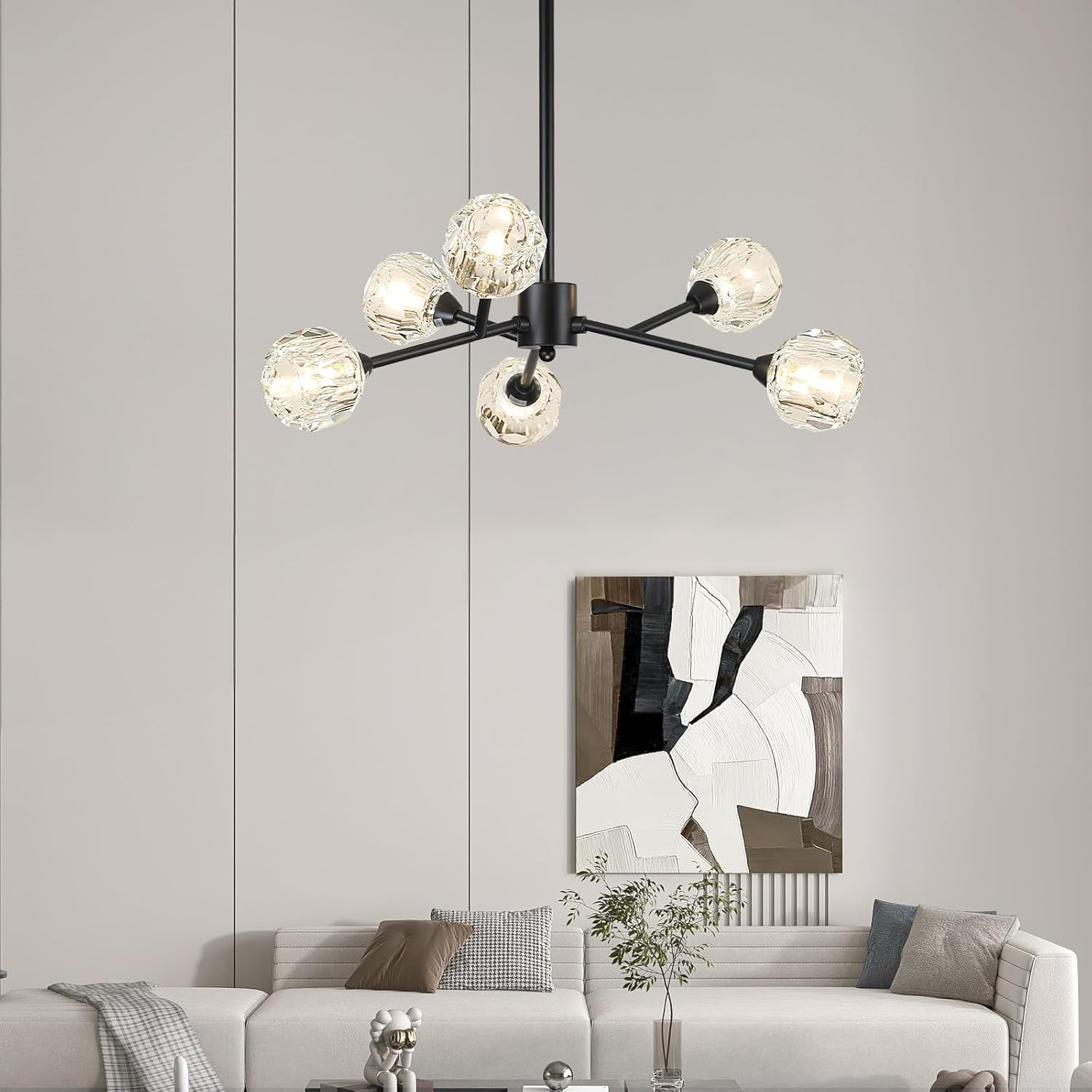 Weesalife Sputnik Chandeliers for Dining Room Light Fixture Over Table, Modern Crystal Chandeliers, 6 Lights Black Lighting Fixtures for Living Room Bedroom Kitchen Island