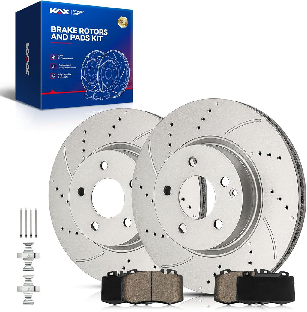 KAX Front Brakes and Rotors for Mercedes-Benz E350 2006-2007, E500 2003-2006, Drilled and Slotted Vented Disc Brake Rotor Ceramic Brake Pad Replacement (#34246+D847, 12.28inch, 312MM)