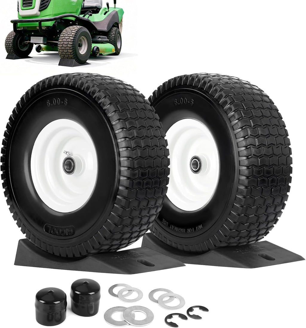 15x6.00-6 Flat Free Lawn Mower Tire and Wheel, Comes with Tire Saver Ramp, 15x6-6nhs Riding Mowers Lawn Tire and Wheel with 3/4' Bearing, 3' Centered Hub, 2 Pack