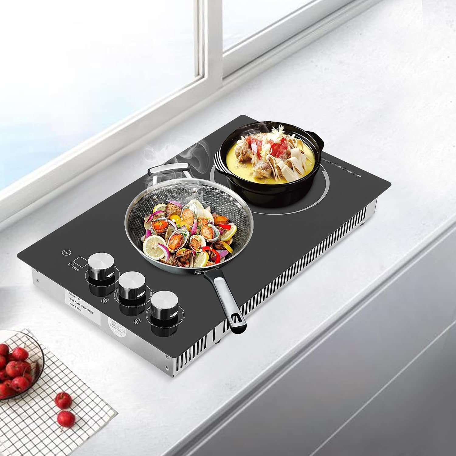 Electric Ceramic Cooktop, Built-In 2 Burners Electric Cooktop, 1700W Countertop Electric Cooktop Stovetop with Kid Safety Lock, LED Display Screen, Timer, and 5 Gears
