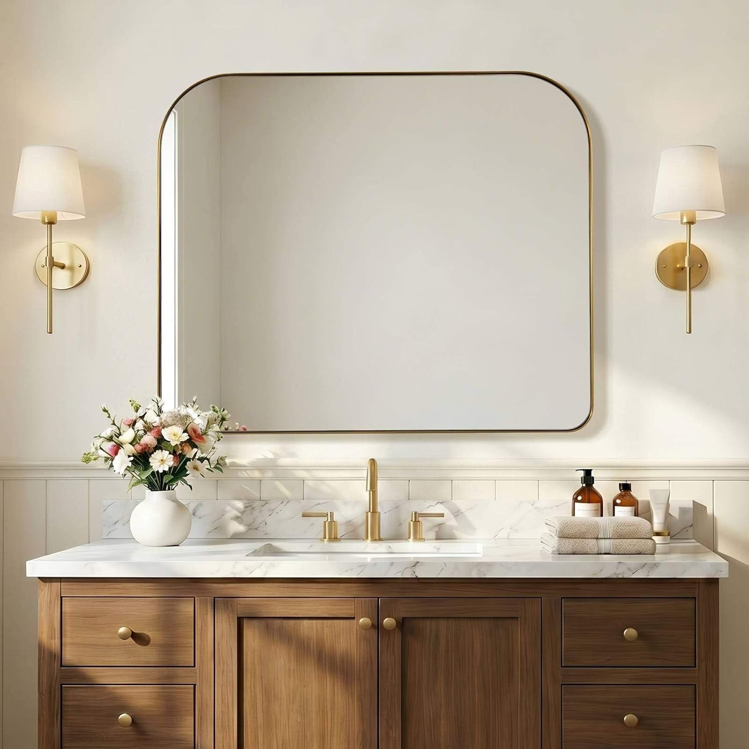 ANDY STAR 36x30 Brushed Gold Brass Bathroom Vanity Mirror, Asymmetrical Soft Arch Rectangle Wall Mirror, Rust-Resistant Stainless Steel Frame, Sleek 1-Inch Depth, for Fireplace Mantel, Living Room