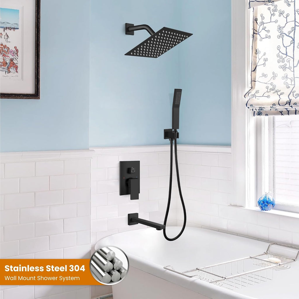 gotonovo Shower System with Tub Spout Wall Mounted Rain Shower Head and Handle Combo Shower Faucet Set with Valve, 8 Inch, Matte Black