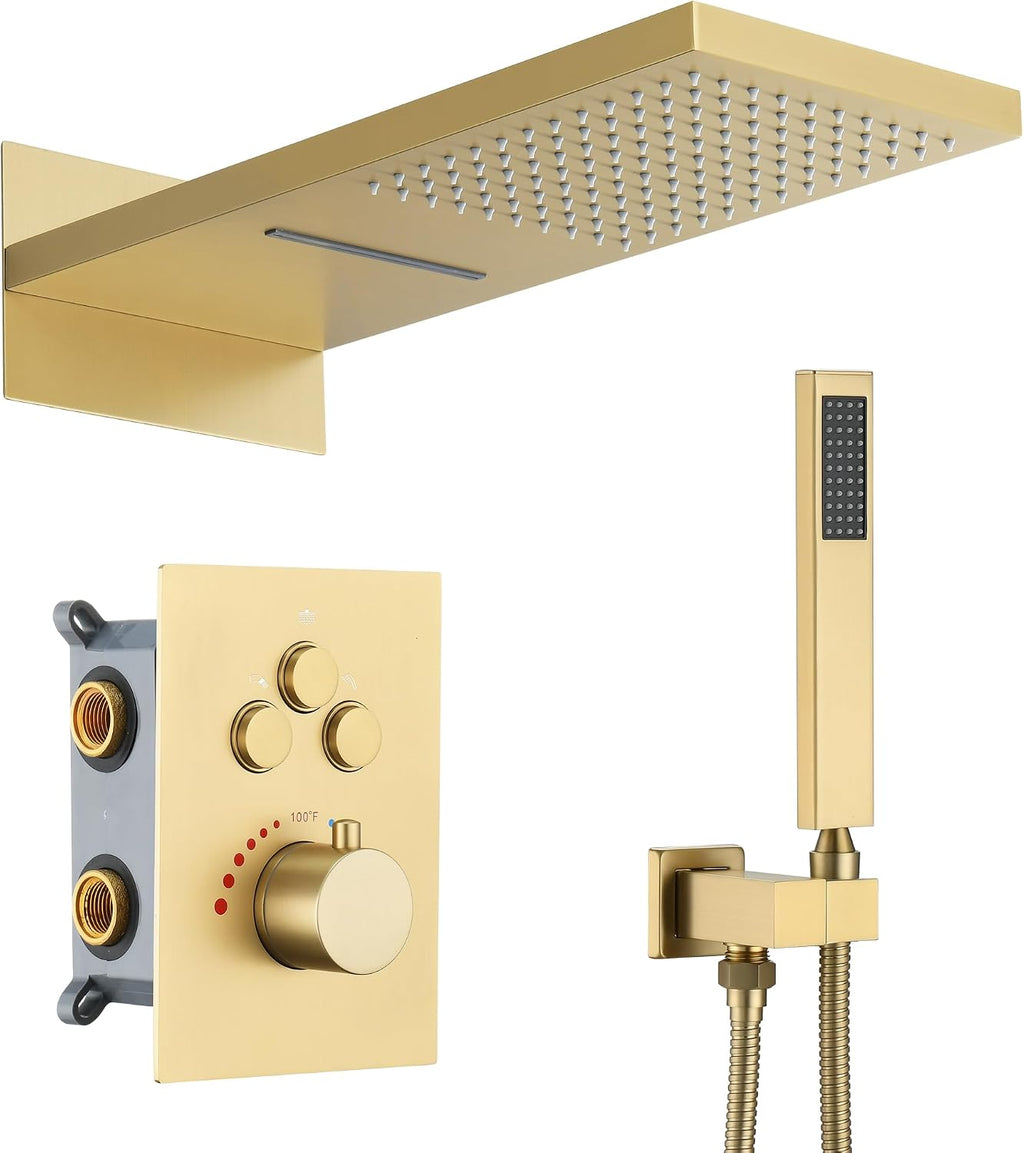 Thermostatic Shower System 22-Inch Rain & Waterfall Large Shower Head, Brushed Gold Luxury Shower Faucet Set with High Pressure Handheld Sprayer, Wall Mount Shower Fixtures Include Valve