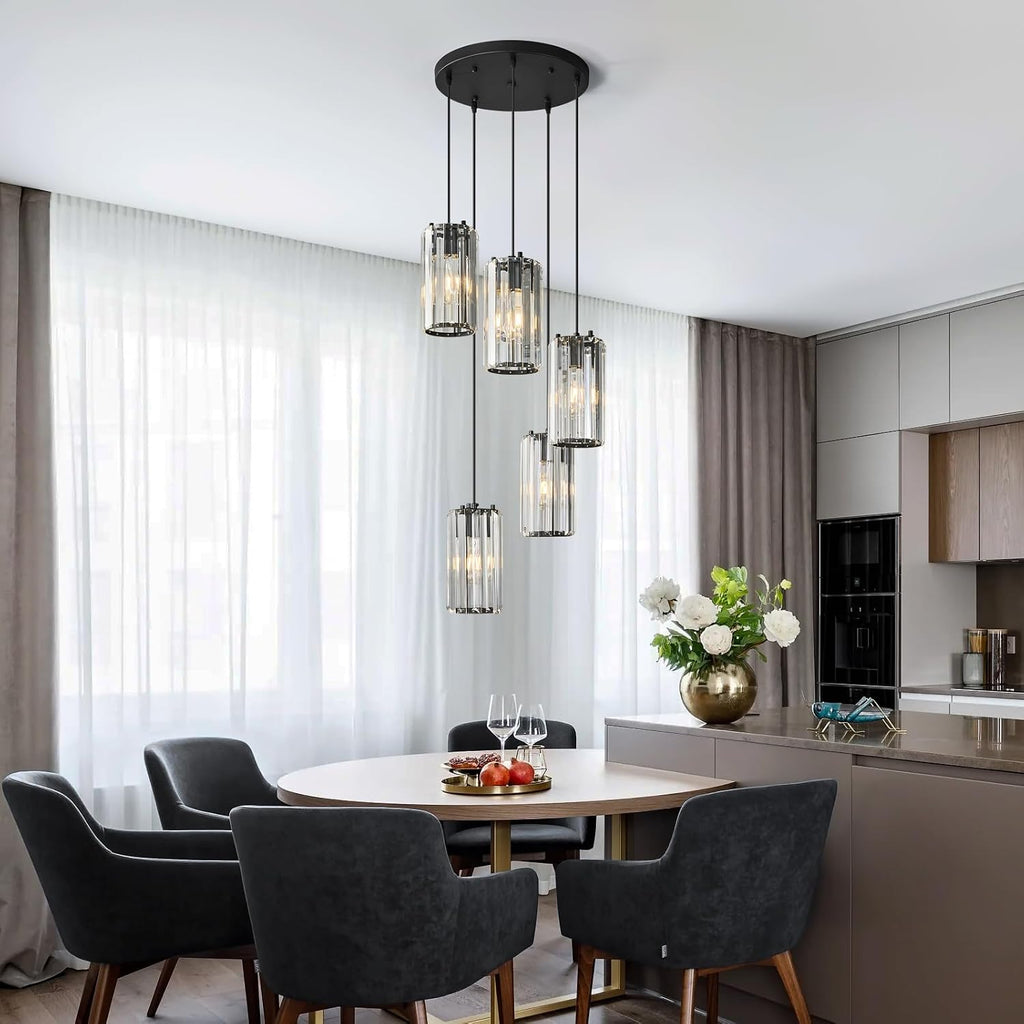 Black Pendant Lighting Modern Pendant Light, Mini Crystal Chandeliers,Adjustable Pendant Light Fixture for Kitchen Island Dinning Room Corridor Bedroom(Gold 5-Light)