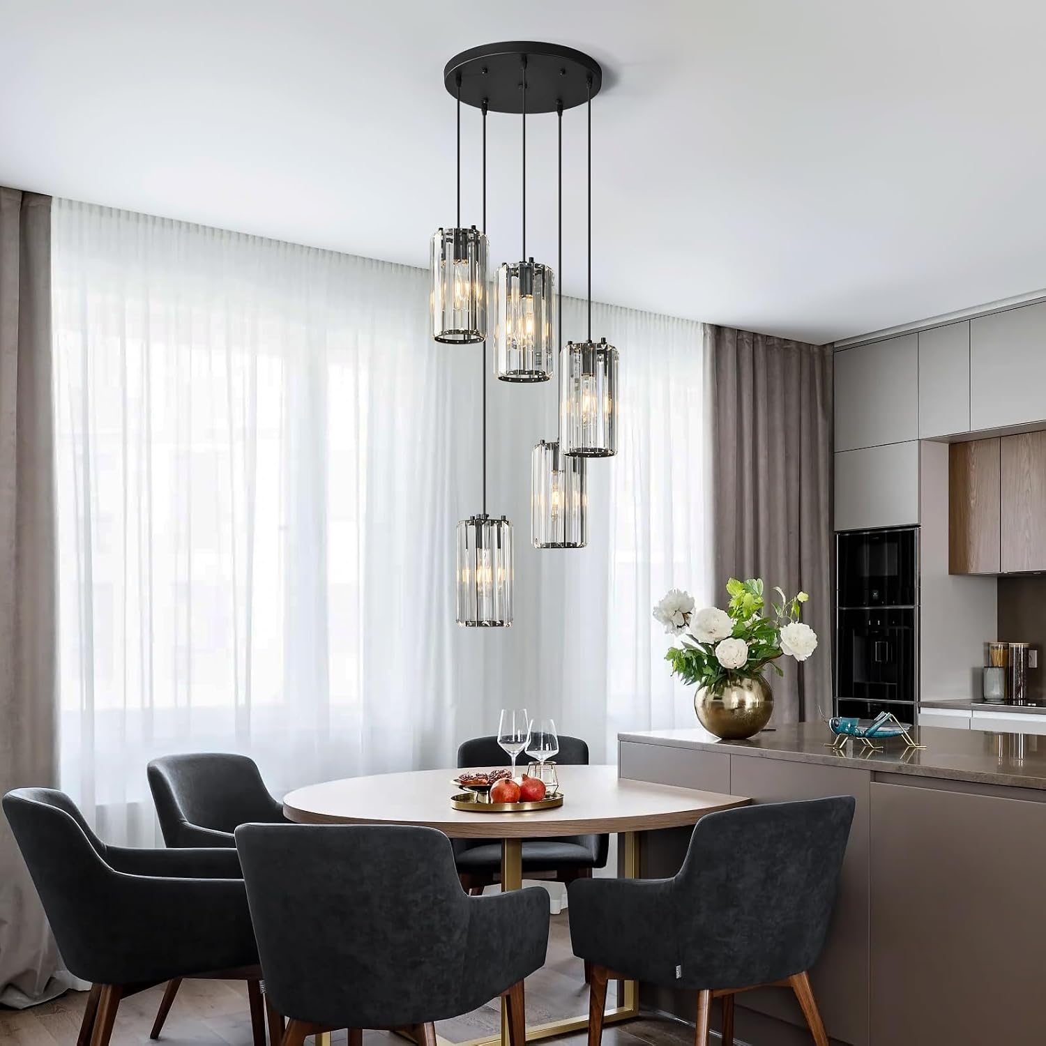 Black Pendant Lighting Modern Pendant Light, Mini Crystal Chandeliers,Adjustable Pendant Light Fixture for Kitchen Island Dinning Room Corridor Bedroom(Gold 5-Light)