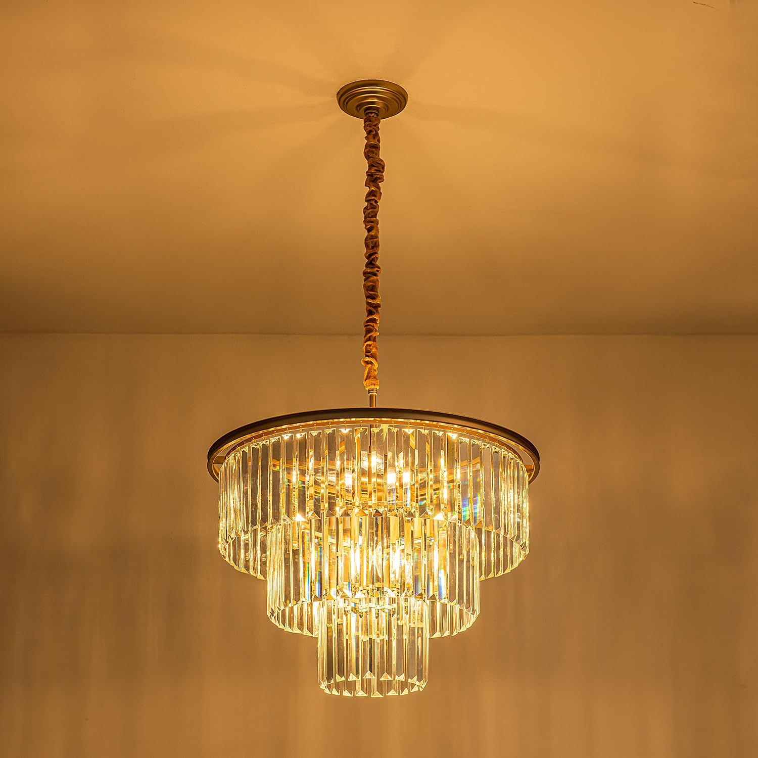 12-Light 23.64' Gold Modern Crystal Chandelier Crystal Pendant Chandeliers Light Fixture 3-Tier Hanging Lighting for Living Dinning Room Bedroom Foyer