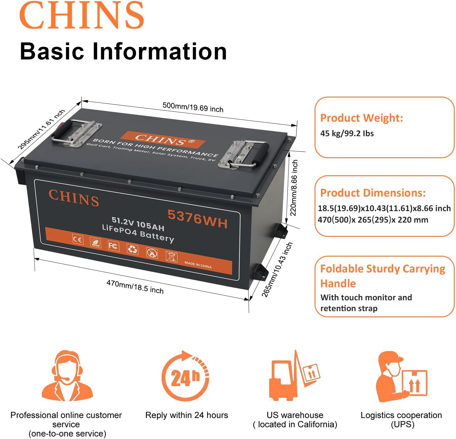 48V Lithium Golf Cart Battery, 200A BMS - 1000A Peak Current, with Touch Monitor & Mobile APP, 5000+ Cycles 48V 105AH Lithium Battery with 18A Charger, Perfect for Golf Carts, Solar