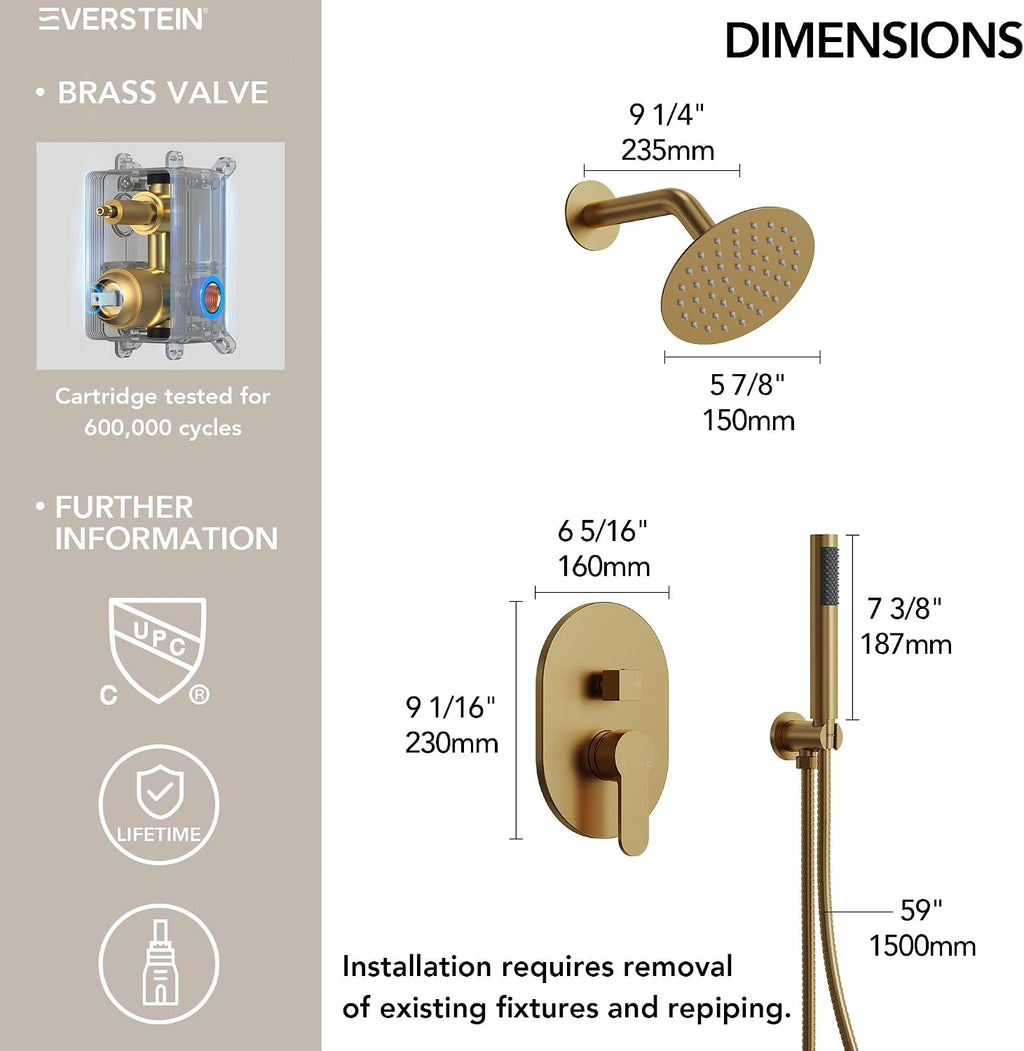 6' High-Pressure Shower System with Handheld Spray, Wall Mount Round Bathroom Shower Faucet Set with Valve (Brushed Gold)