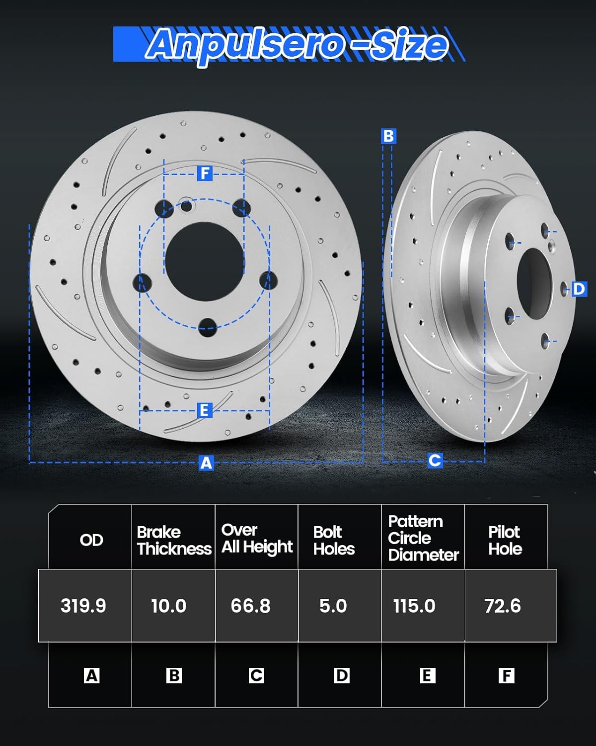Anpulsero Brake Pads And Rotors Kit Rear Compatible with 2006-2022 Dodge Charger, 2009 Challenger, Automotive Replacement Brake Kits Geomet 53021 D1057A-8495 Drilled And Slotted Rotors 319.9mm(12.6in)