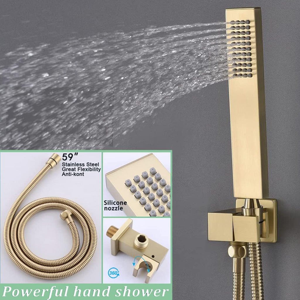 Brushed Gold Shower System with 16 X 24inch Large Triple Function Rain Waterfall Mist Shower Head, Ceiling Shower Faucet Fixtures Set with Thermostatic Shower Valve and 6PCS Shower Body Jets