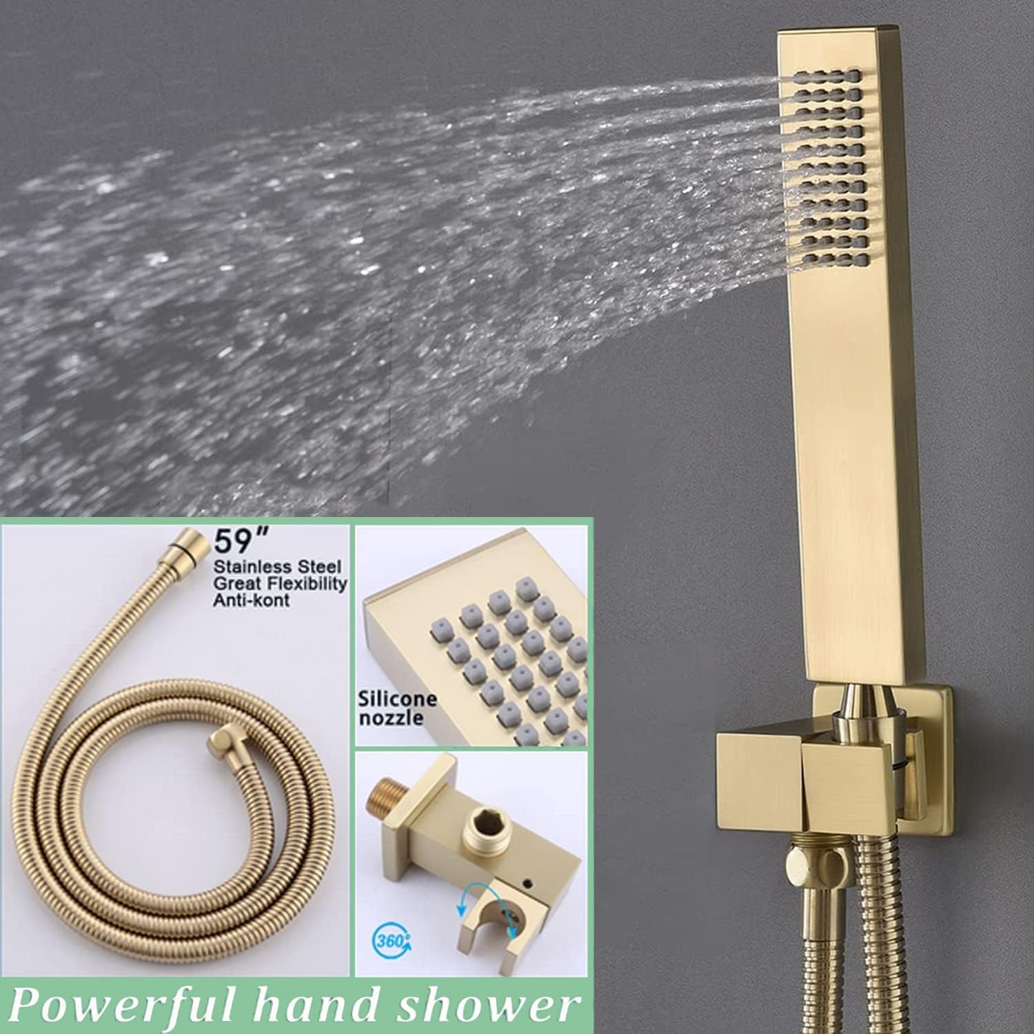 Brushed Gold Shower System with 16 X 24inch Large Triple Function Rain Waterfall Mist Shower Head, Ceiling Shower Faucet Fixtures Set with Thermostatic Shower Valve and 6PCS Shower Body Jets