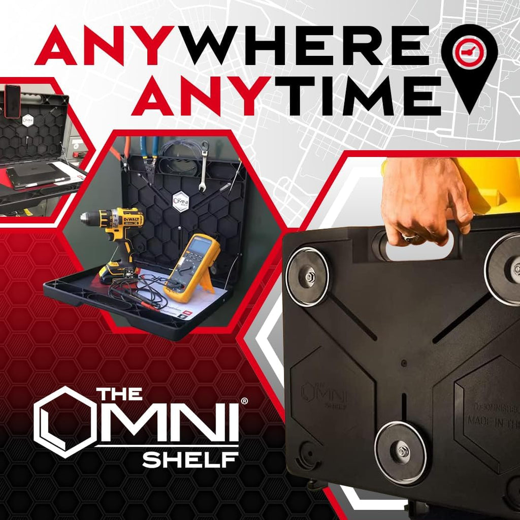 The OmniShelf Magnetic Portable Workstation + Toolbox, Computer & Laptop Stand, Multimeter Case, Utility Shelf w/ 40 lb Capacity, Hands Free Workstation Attaches to HVAC, Trucks & More (3 Count)