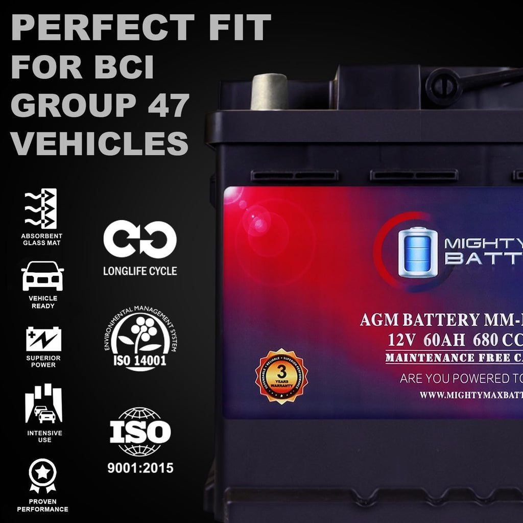 Mighty Max Battery MM-H5 Start and Stop Car BCI Group Size 47 12V 60 AH, 100RC, 680 CCA Rechargeable AGM Car Battery