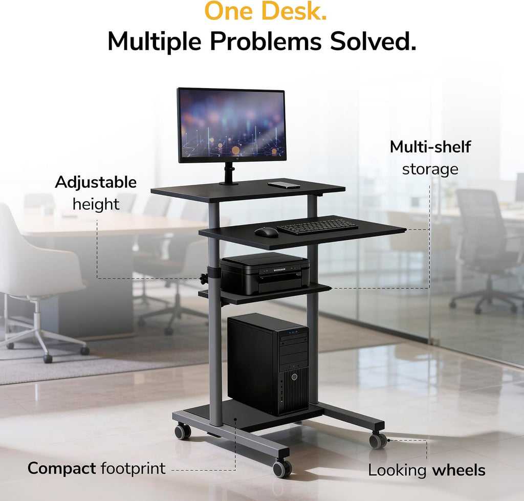 Mount-It! Rolling Desk Adjustable Height up to 54.7', Portable Standing Desk for Laptop or Podium Stand with Wheels, Mobile Roller Presentation Cart, Computer Work Station 27.5' Wide, Locking Wheels