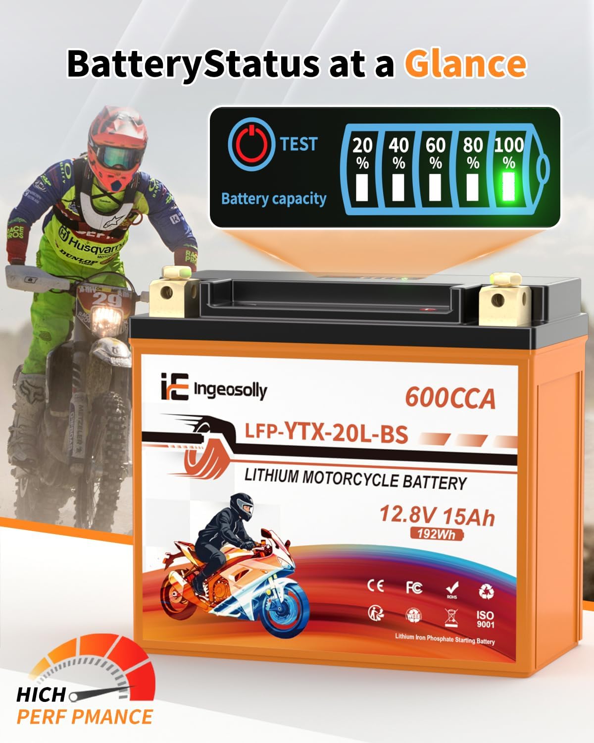 LiFePO4 YTX20L-BS Motorcycle Battery, 12V 15AH Powersports Battery- 600CCA Motorcycle Start Batteries for ATV, UTV, Jet Ski, Snowmobile, Generator and Riding Lawn Mower Battery