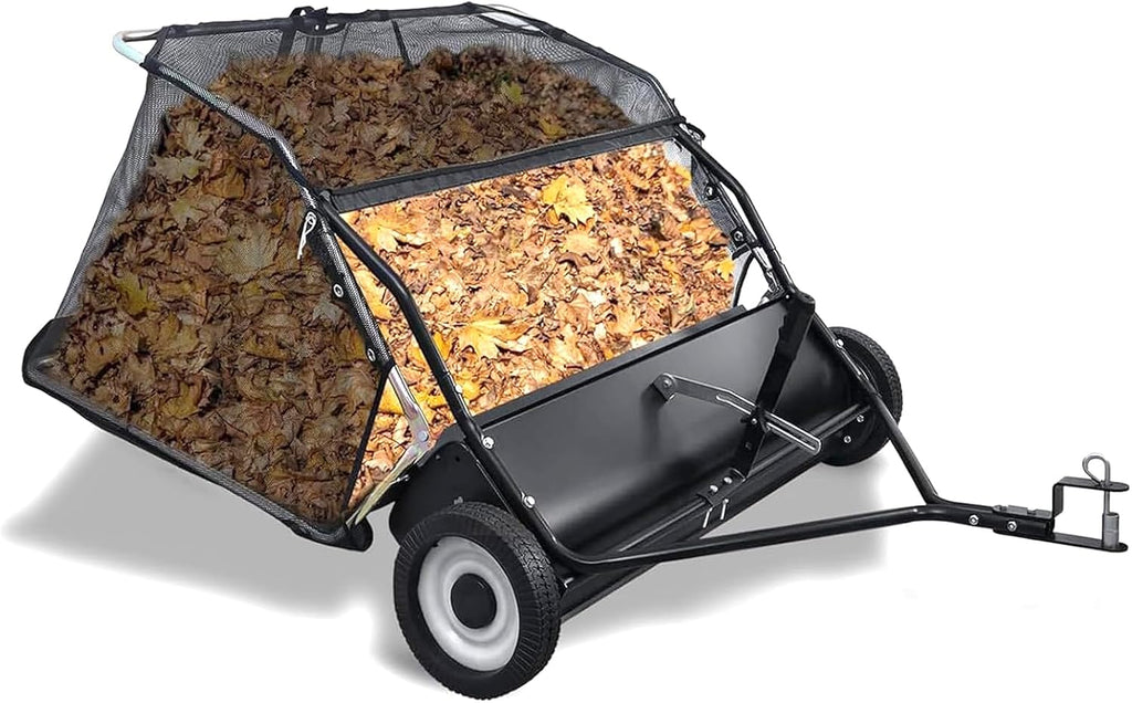 44 Inch Tow Behind Lawn Sweeper - Heavy Duty Adjustable Height Pull Behind Lawn Sweeper, 25Cu Ft Large Capacity Leaf & Grass Collector Hopper for Yard, Lawn, Farm Cleanup Tool