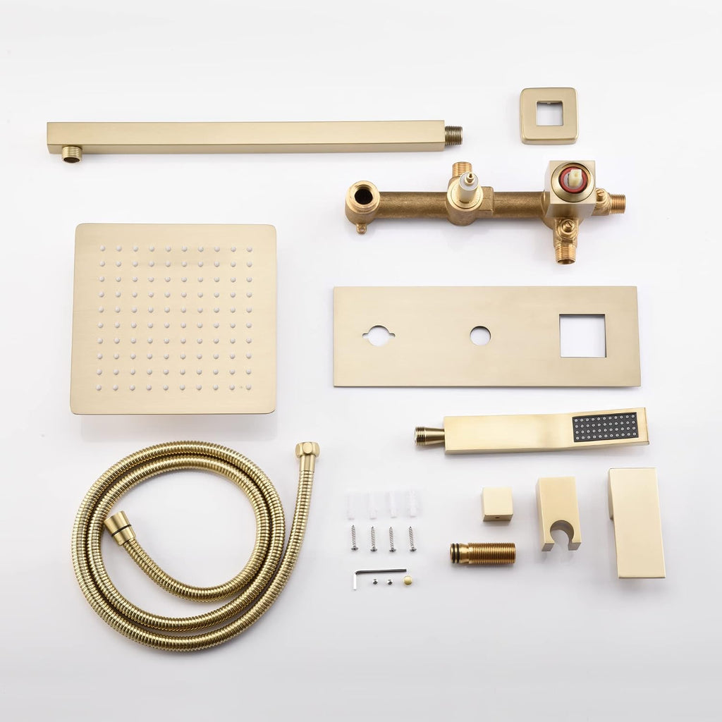 SUMERAIN Brushed Gold Rain Shower System with Handheld Shower, Pressure Balancing Shower Mixer Valve