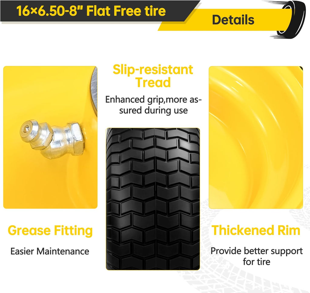 2Pcs 16×6.50-8 Tire and Wheel with 1 Inch Axle, Flat Free 16x6.5-8 Lawn Mower Tire, with 3/4' Bearing & 1' Bushing, 3-5' Offset Hub, for Lawn&Garden Riding Tractors Front Assembly Replacement, 550lbs