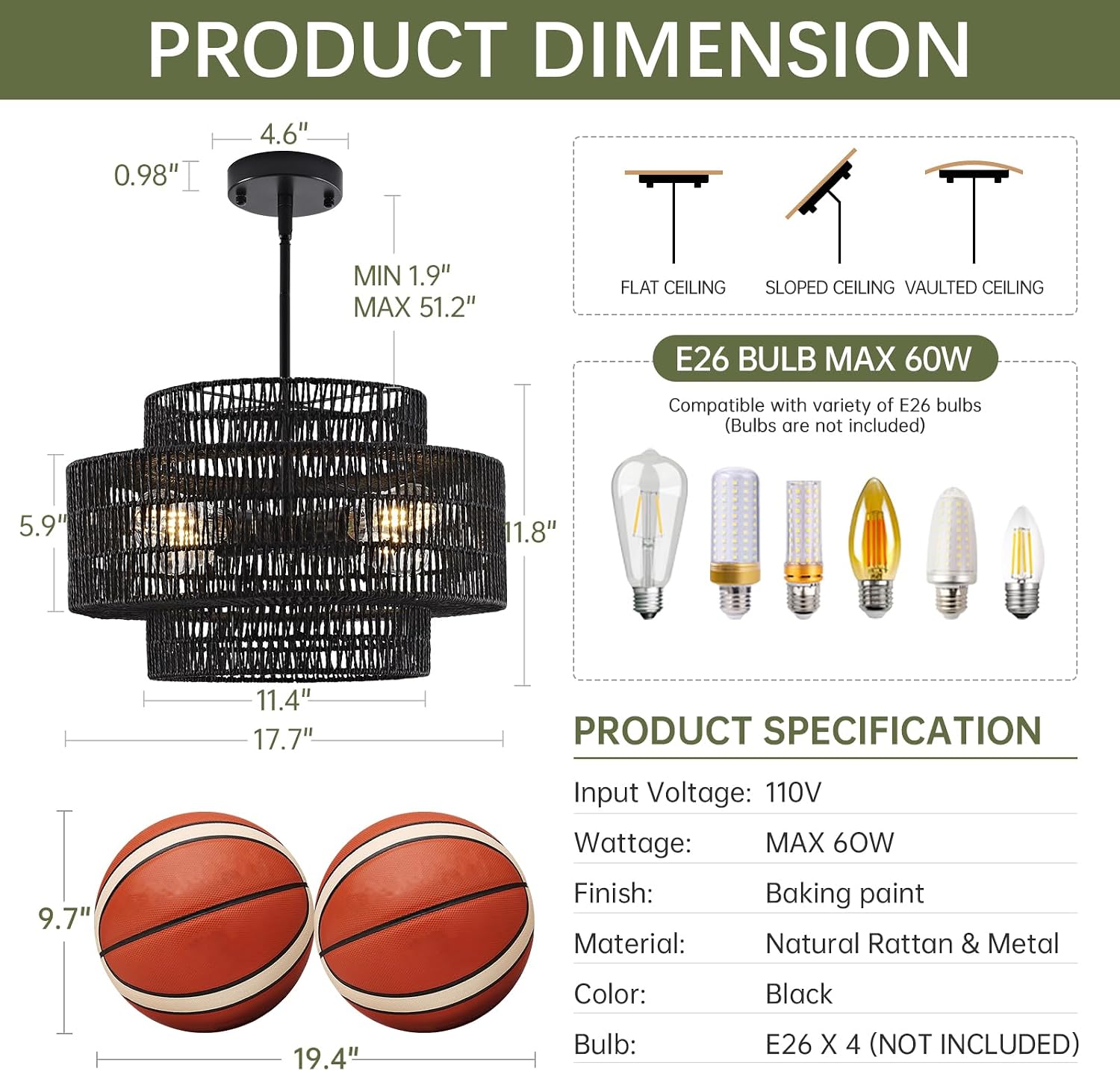 4-Light Black Boho Rattan Chandelier Light Fixture, 17.7' Hand Woven Rustic Chandeliers Farmhouse Chandelier Hanging Light for Dining Room Kitchen Island, Living Room, Foyer