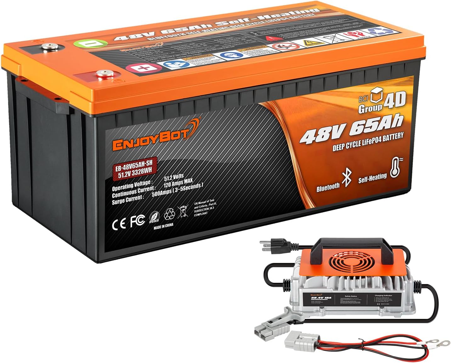 Enjoybot 48V 65Ah LiFePO4 Lithium Battery Self Heating with 58.4V 18A Charger, Built-in 120A BMS and Bluetooth, 10-Year Lifetime, Peak Current 500A for Golf Cart RV Camper Solar