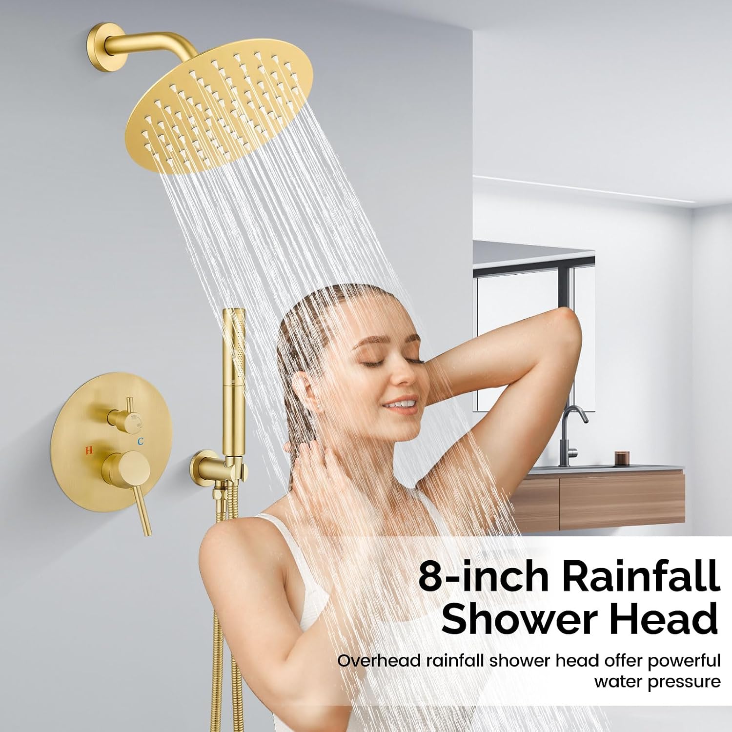 Airuida Shower Faucet Set, Bathtub Faucet Set with 8 Inch Rain Shower Head and Valve,2 Functions Tub Shower Faucet Set for Bathroom-Brushed Gold