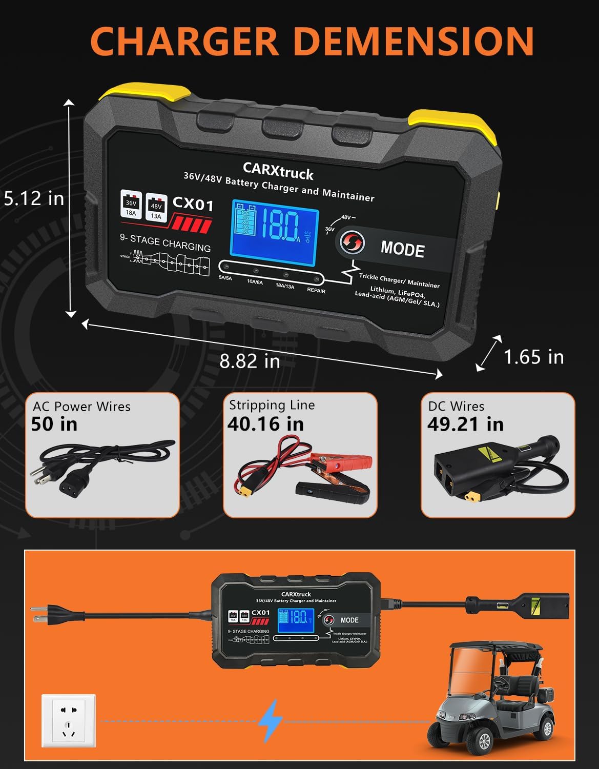 36V 18A & 48V 13A Golf Cart Battery Charger for EZGO TXT with D Style Plug, Smart Trickle Charger