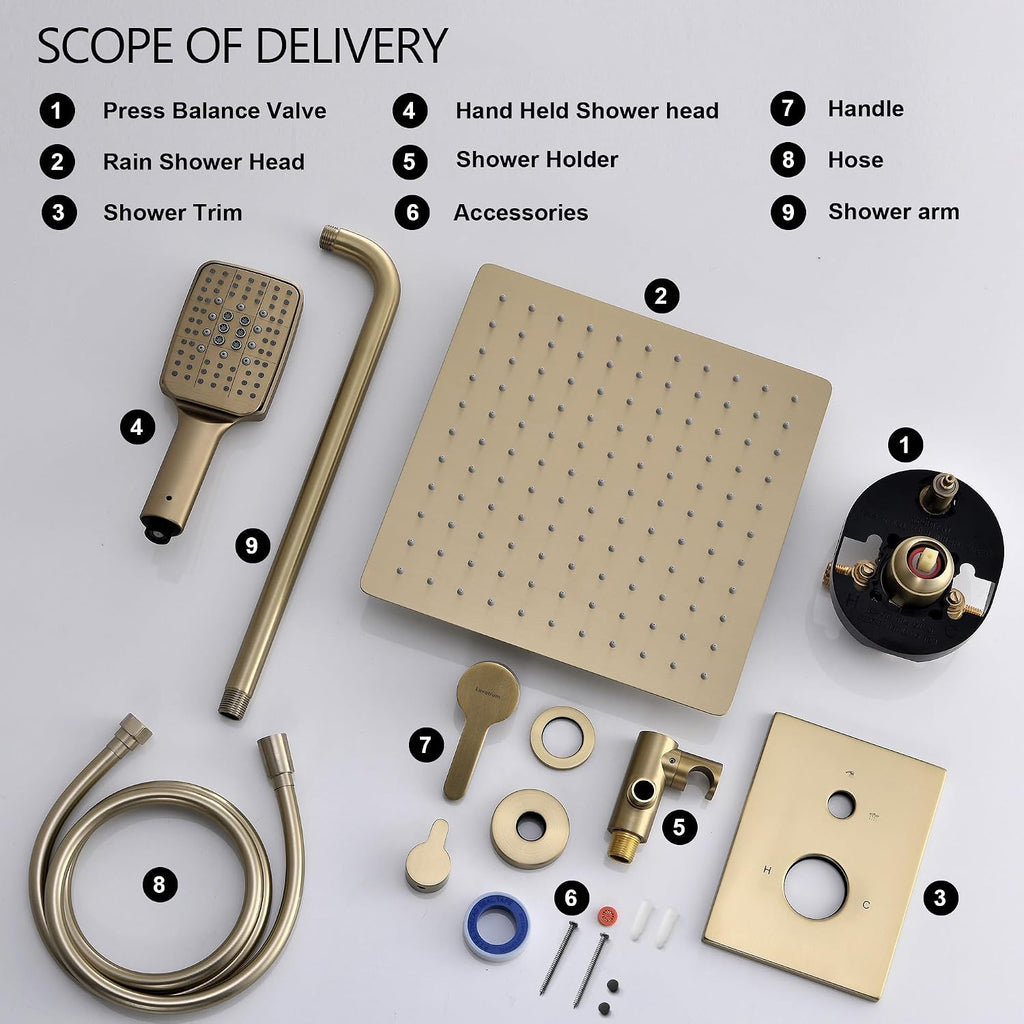 Shower Faucet Set - 12 inches Rain Shower System with 6 Function Handheld Shower Head Rough in Pressure Balance Valve Kit - Stainless Steel Bathroom Shower Kit Complete Brushed Gold