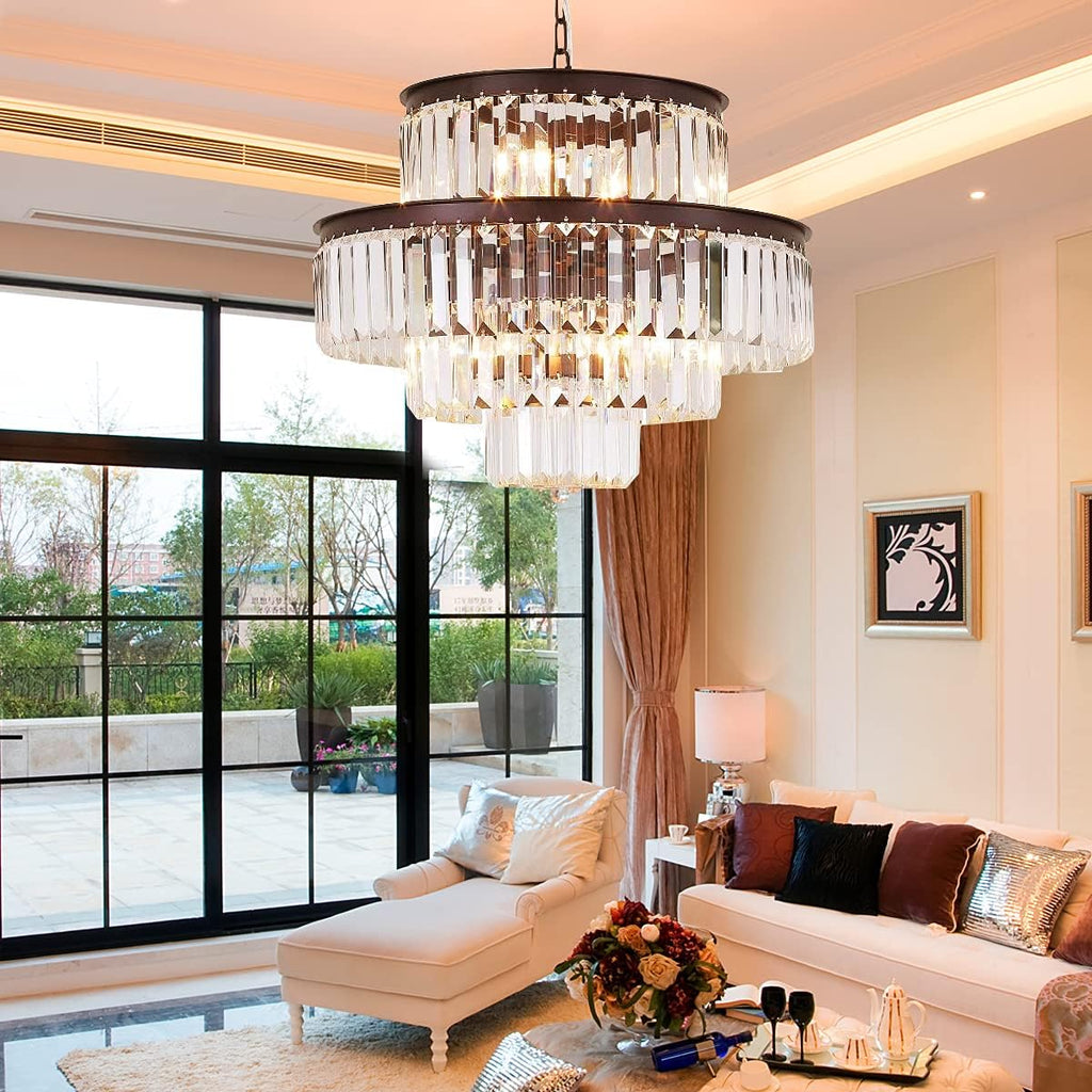 20' Black Crystal Chandelier, Modern 4-Tier Ceiling Light with Clear Crystal Prisms, Luxury Pendant Lighting for Dining Room Entryway