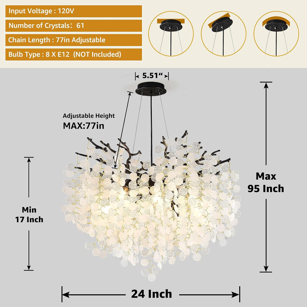 24-Inch Black Tree Branch Chandelier, 8-Light Modern Coastal Chandelier, Round Crystal Dining Room Light Fixtures for Foyer Entryway Stairwell, Bathroom Chandeliers Over Tub, E12