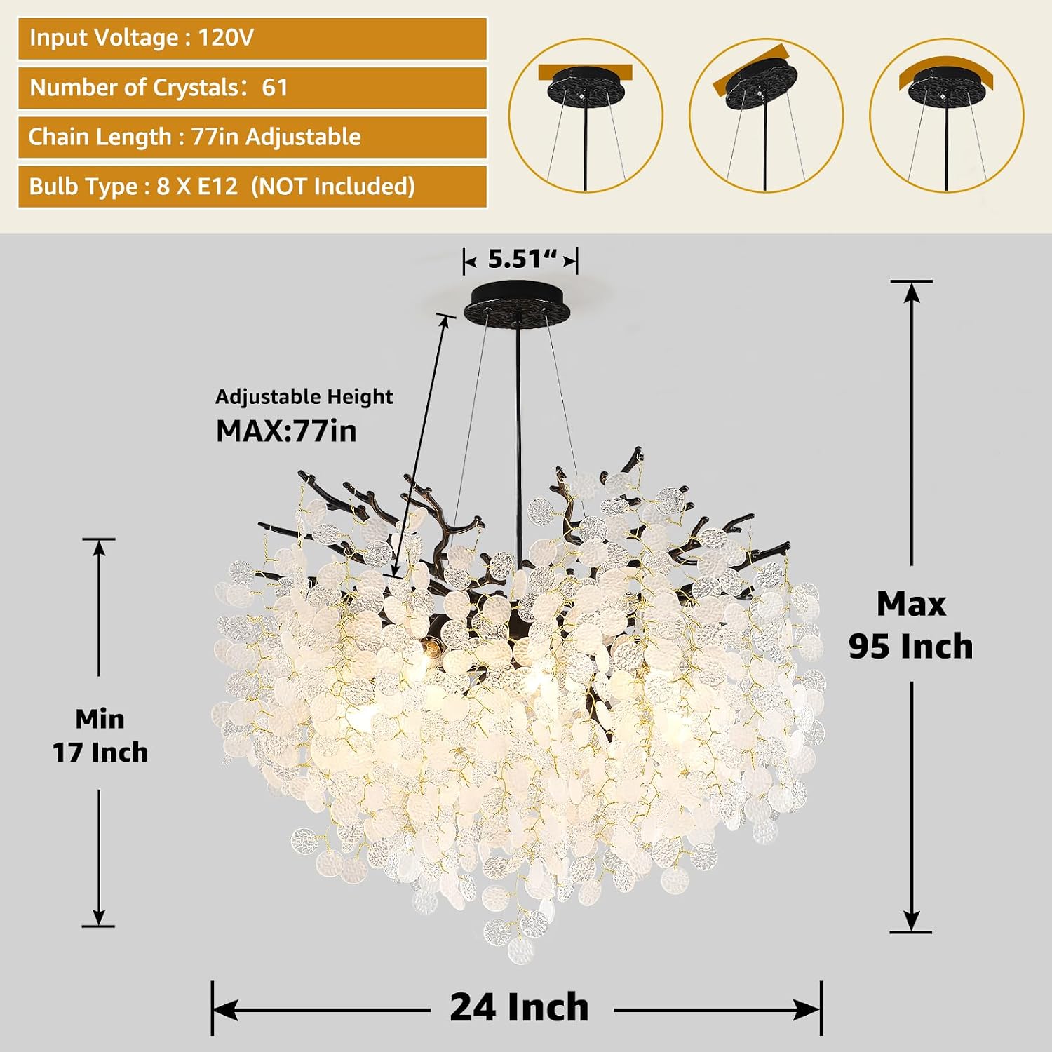 24-Inch Black Tree Branch Chandelier, 8-Light Modern Coastal Chandelier, Round Crystal Dining Room Light Fixtures for Foyer Entryway Stairwell, Bathroom Chandeliers Over Tub, E12