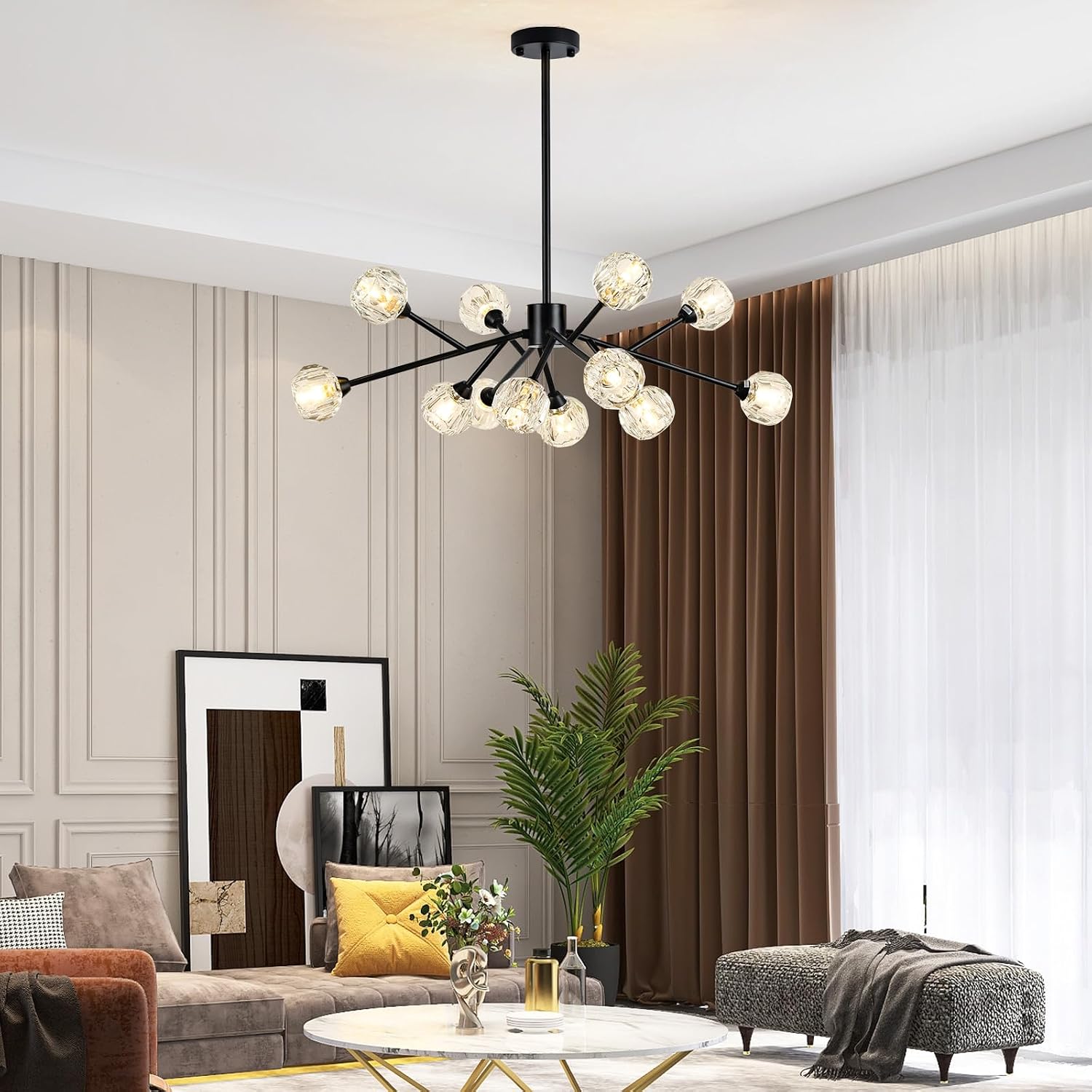 Weesalife Sputnik Chandeliers for Dining Room Light Fixture Over Table, Modern Crystal Chandeliers, 12 Lights Black Lighting Fixtures for Living Room Bedroom Kitchen Island Bar