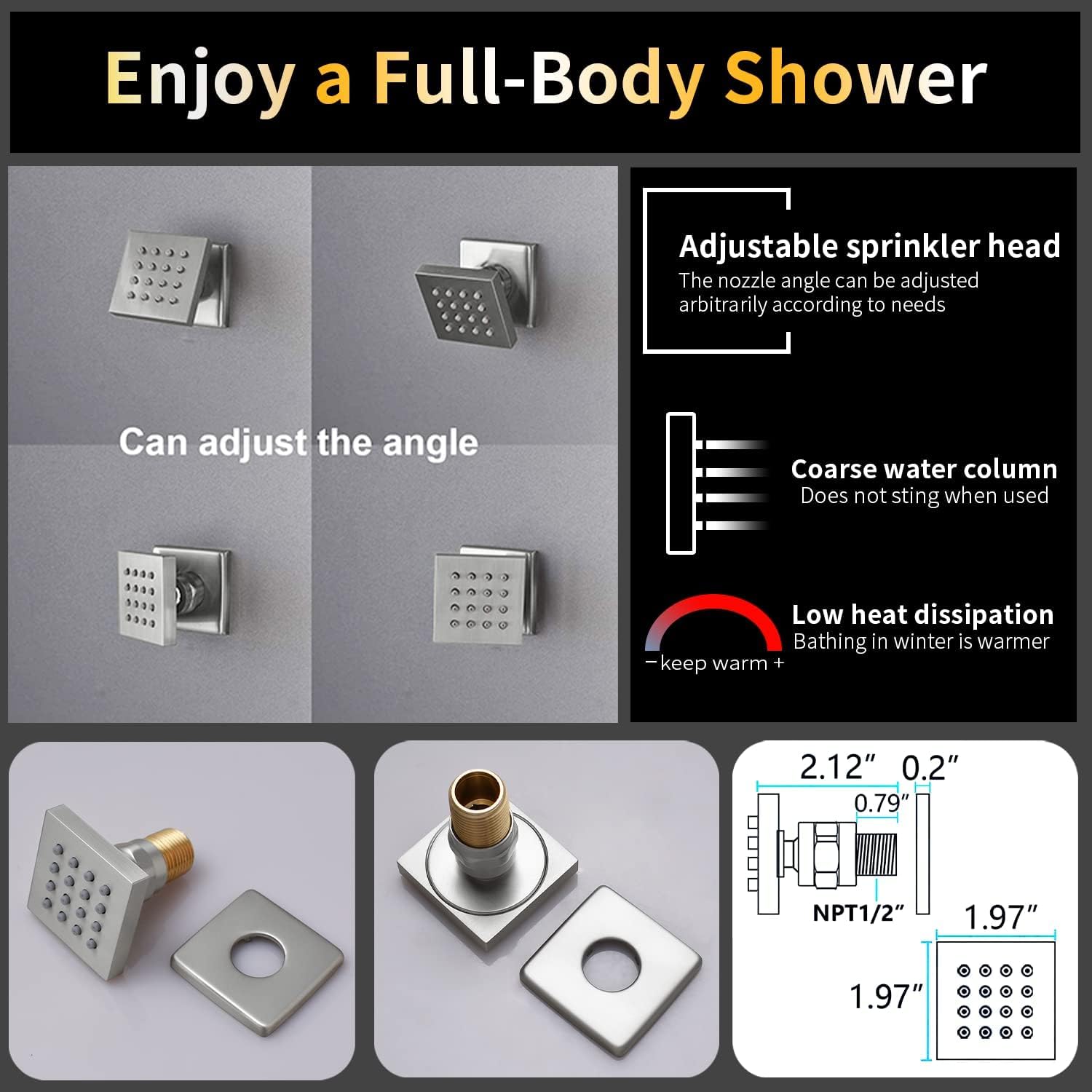 AYIVG Brushed Nickel 4 Function Dual Rainfall Shower Head System Multi Functions Thermostatic Full Body Shower System 16 X 26 Inch And 8 inch Rainfall Ceiling Shower Head Faucet Set
