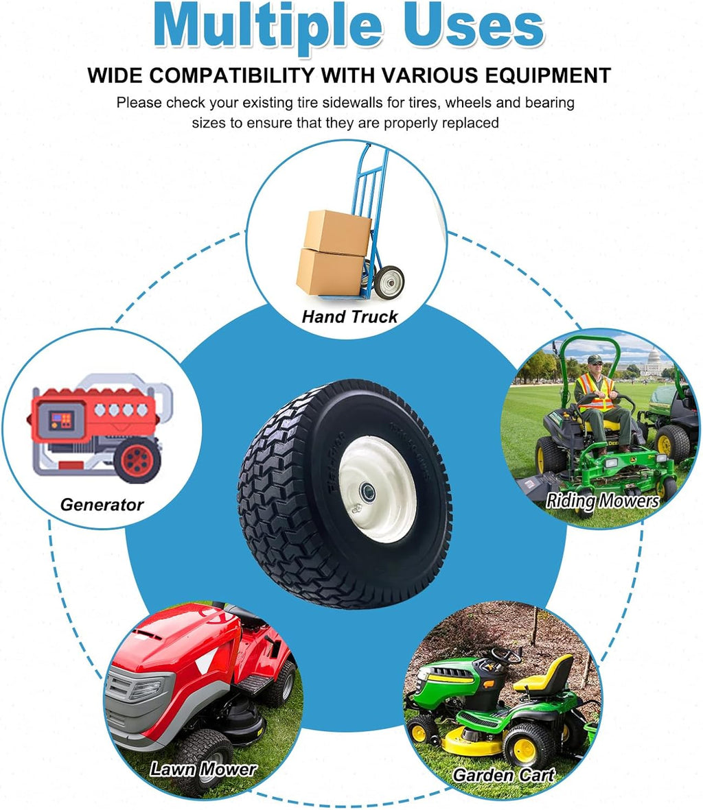 2-Pack 15x6.50-6 Flat-Free Tire with Rim,3'Centered Hub with 3/4' Ball Bearing,w/Grease Fitting，500lbs Capacity,15x6.50x6 No-Flat Solid Rubber Turf Wheel,for Riding Lawn mower,Garden Cart