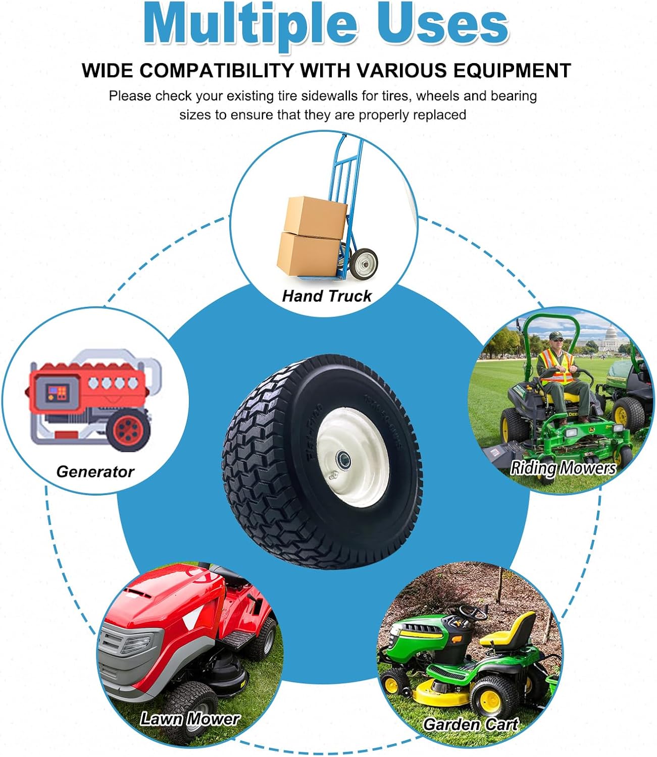 2-Pack 15x6.50-6 Flat-Free Tire with Rim,3'Centered Hub with 3/4' Ball Bearing,w/Grease Fitting，500lbs Capacity,15x6.50x6 No-Flat Solid Rubber Turf Wheel,for Riding Lawn mower,Garden Cart