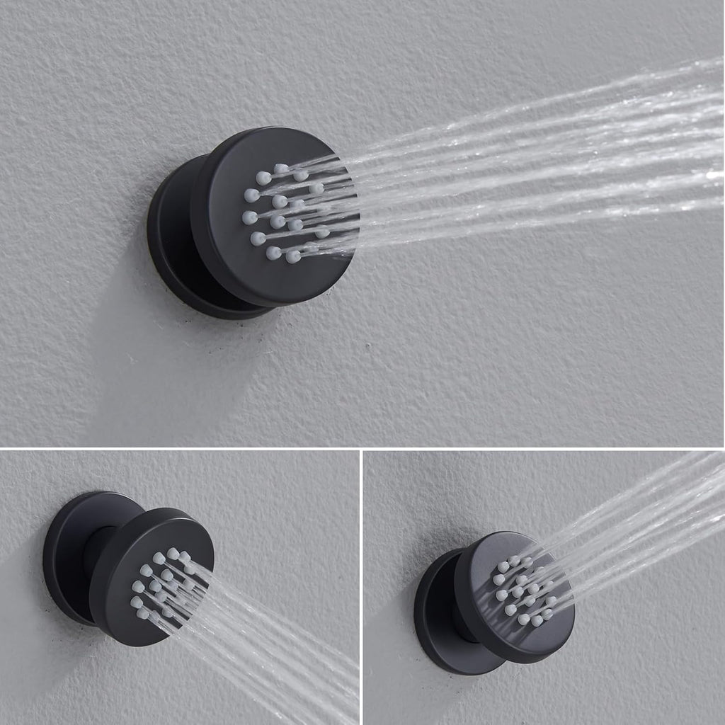 Iriber Mattle Black Round Rain Shower System with 4 PCS Body Jets 3 Function Shower Faucet Set Contain 12 Inch Shower Head and Handheld Wall Mounted Pressure Balance Shower Trim Kit (Valve Included)