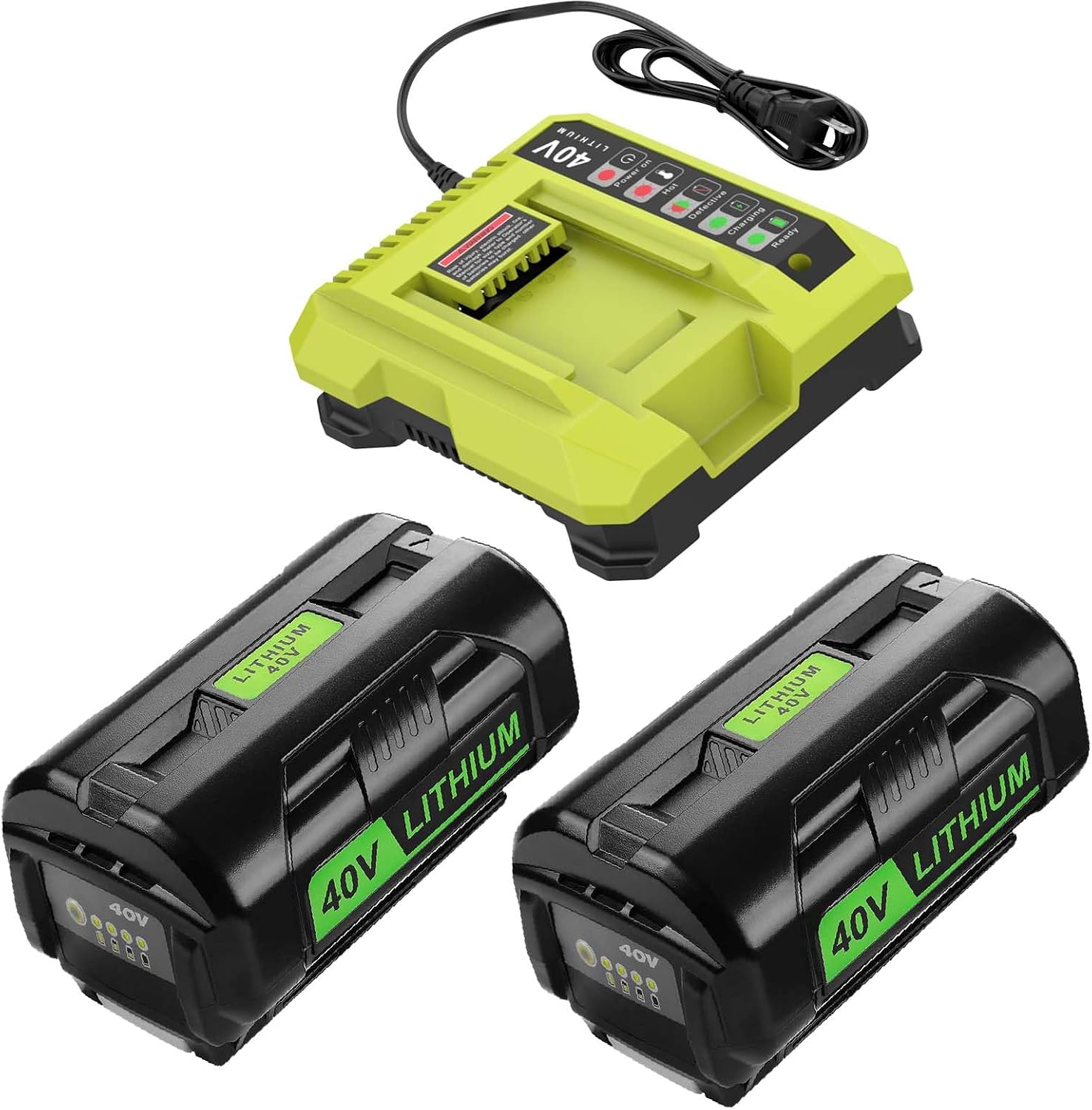 Powilling 2 Packs 6.0Ah Battery Compatible with Ryobi 40V Battery and Charger Kit for OP4026 OP40601 OP4050A OP4040 OP4030 OP4050 with OP401 40V Charger