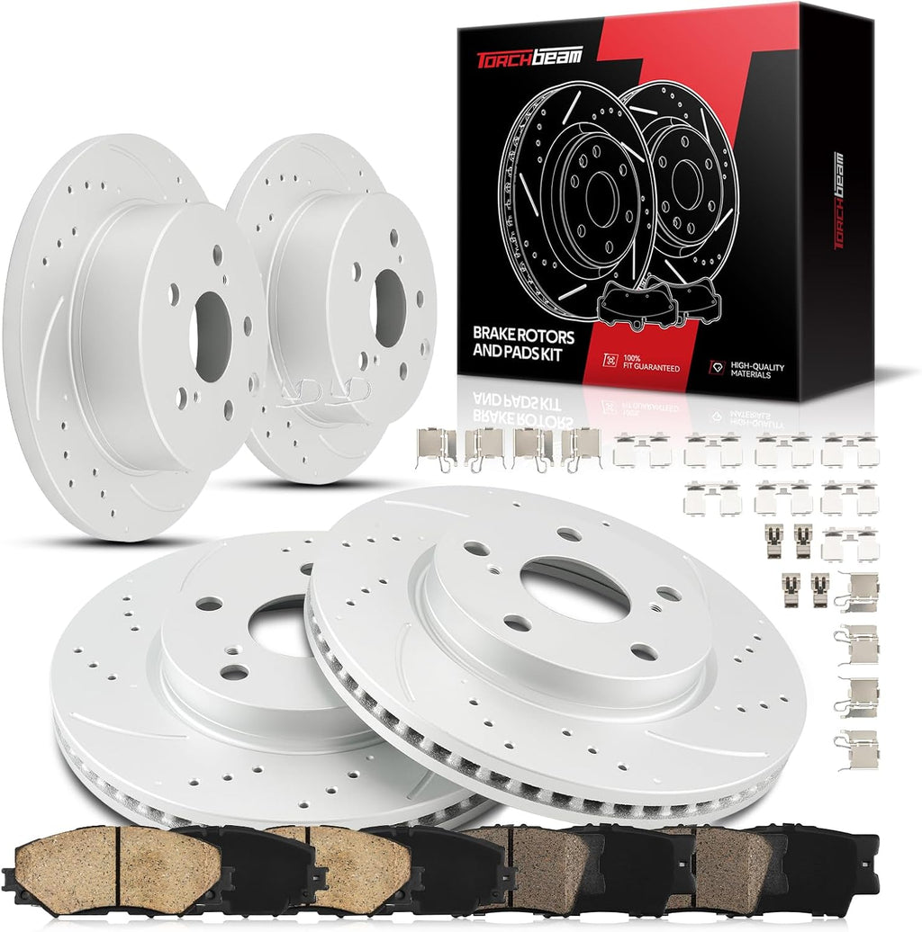 Torchbeam Brake and Rotor Kit Front and Rear Brake Pads Brake Rotors Ceramic Compatible with Toyota RAV4 2006-2008 2.4L, Drilled Slotted 10.82'' (275mm) Front and 11.06'' (281mm) Rear Rotor