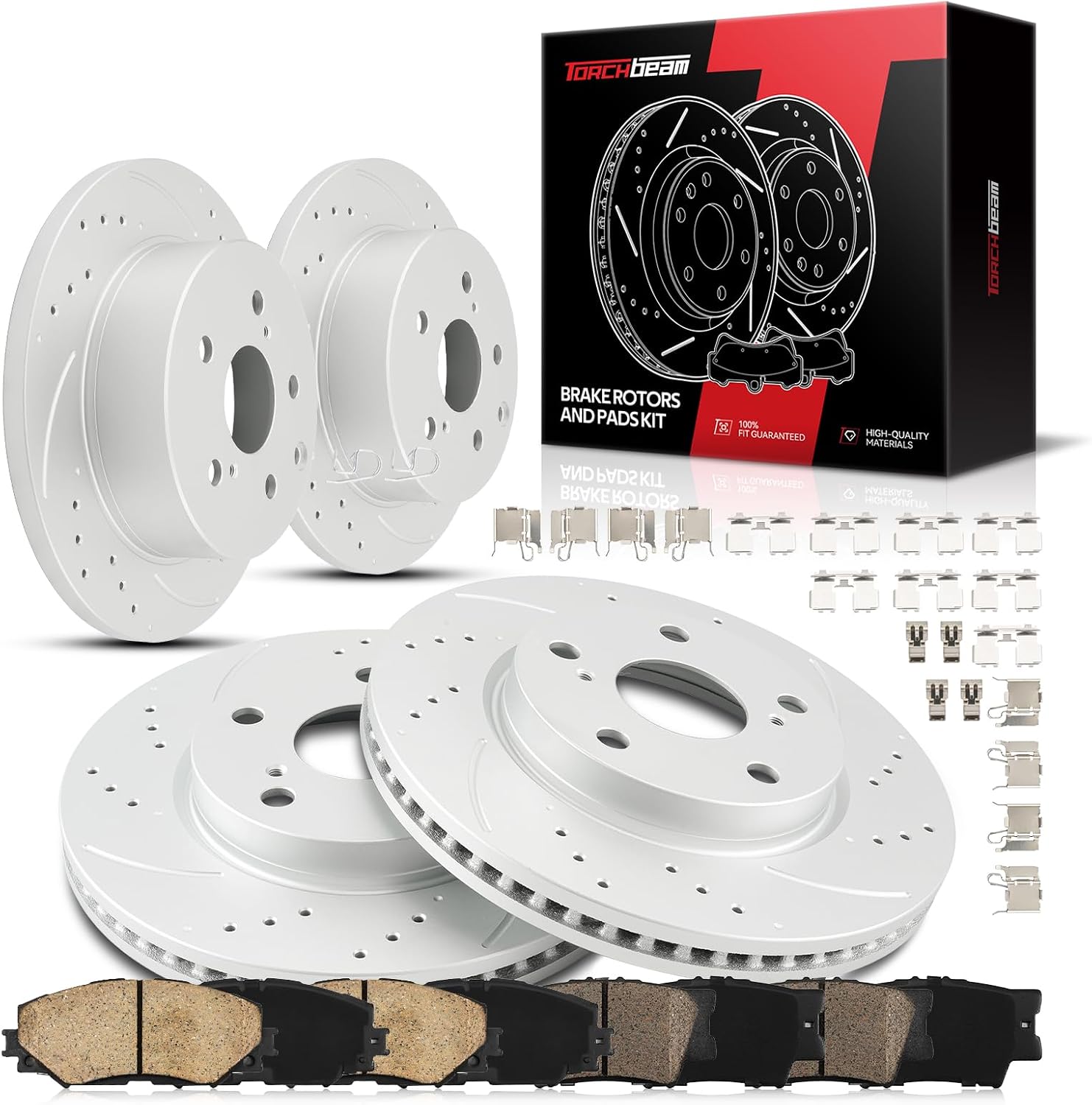 Torchbeam Brake and Rotor Kit Front and Rear Brake Pads Brake Rotors Ceramic Compatible with Toyota RAV4 2006-2008 2.4L, Drilled Slotted 10.82'' (275mm) Front and 11.06'' (281mm) Rear Rotor