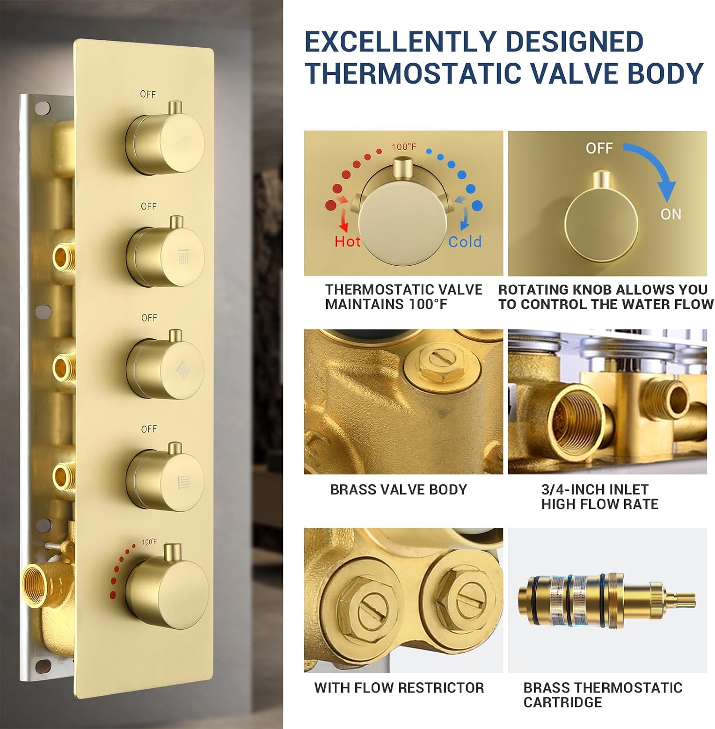 32' Luxury Thermostatic Full Body Shower System with 32-Inch Mist & Rainfall Shower Head & 6 Body Jets, Handheld, JetsBath Brushed Gold Two Person Shower Faucet Set, Smart Shower System for Couples