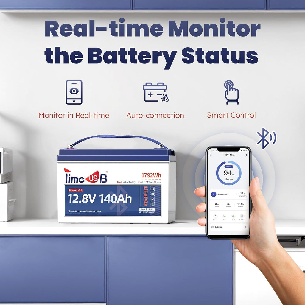 12V 140Ah Lithium Battery with Bluetooth, Timeusb LiFePO4 Battery with Low-Temp Protection, 150A BMS, BCI Group31, Prefect for RV, Trolling Motor, Marine, Energy Storage, Solar Off-Grid