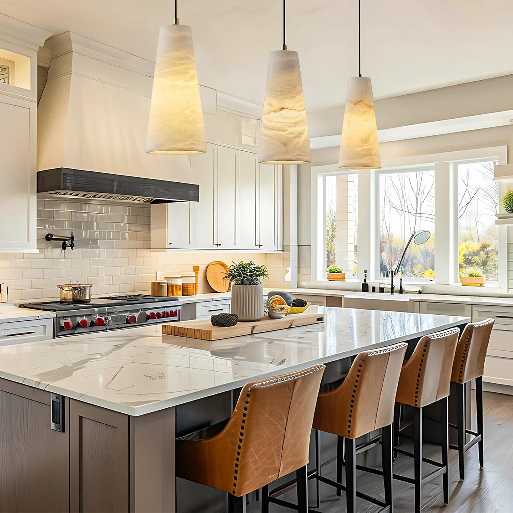 Alabaster Pendant Lights Kitchen Island 2 Pack, H-10in White Pendant Light Fixtures, Marble Conical Shade Copper, Light Pendant for Bedroom Bathroom Dining Room Living Room (Dimmable Bulbs INCL)