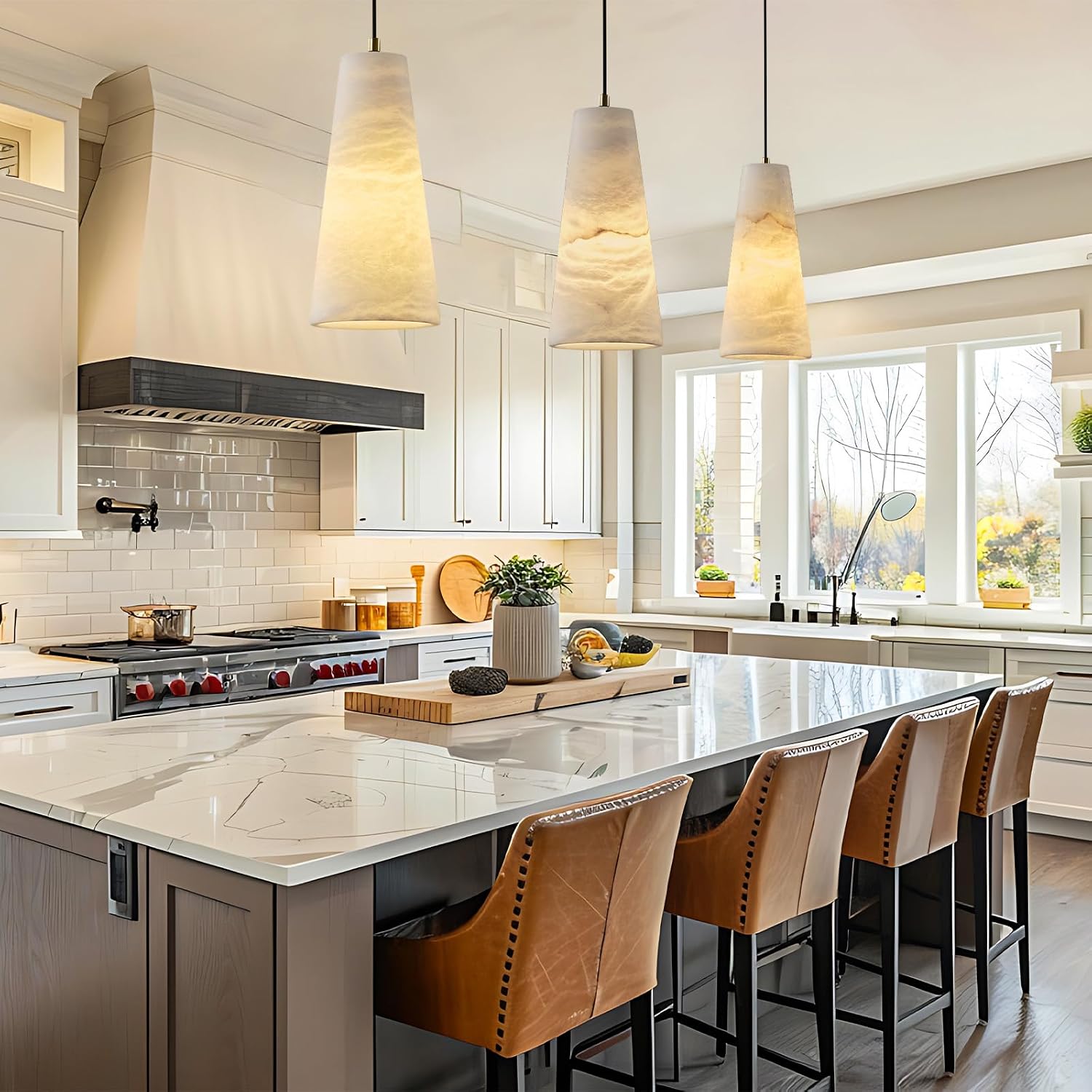Alabaster Pendant Lights Kitchen Island 2 Pack, H-10in White Pendant Light Fixtures, Marble Conical Shade Copper, Light Pendant for Bedroom Bathroom Dining Room Living Room (Dimmable Bulbs INCL)