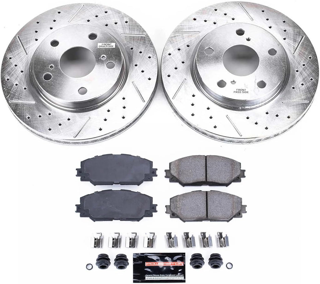 PowerStop Front Brake Kit for Lexus HS250h 2010-12 |Scion xB 2008-15 |Toyota Prius V 2012-17 |RAV4 2006-18 - Drilled and Slotted Disc Rotors with Carbon-Fiber Ceramic Brake Pads Replacement, K258