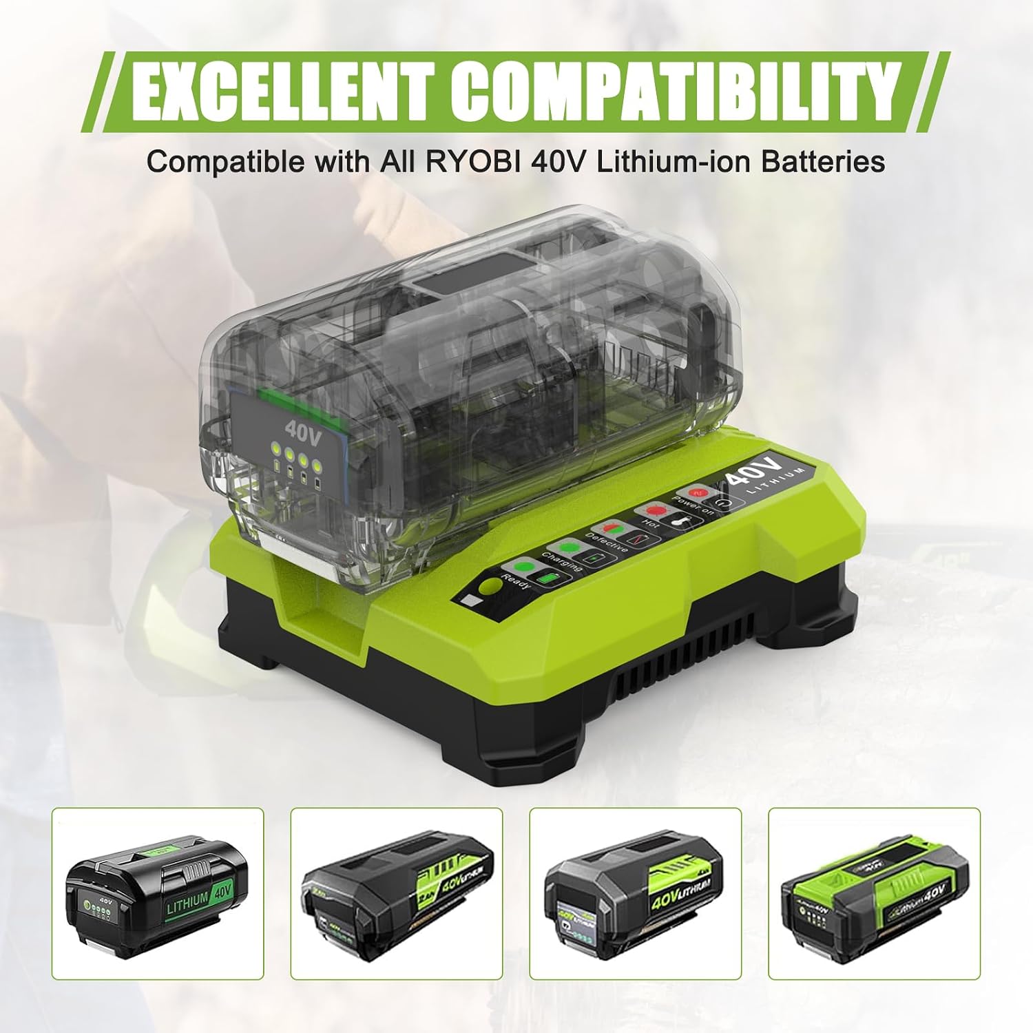 Powilling 2 Packs 6.0Ah Battery Compatible with Ryobi 40V Battery and Charger Kit for OP4026 OP40601 OP4050A OP4040 OP4030 OP4050 with OP401 40V Charger